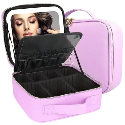 The Magic Makers Makeup Bag With Mirror And Light 3 Colors Travel Makeup Bag With Mirror Portable Lighted Makeup Bag Organizer Cosmetic Case With 2-Layers Adjustable Dividers (Multicolor)