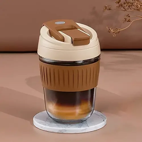 The Magic Makers Travel Coffee Mug 400 Ml Glass Coffee Mug With Lid Direct & Sipper Drinking Reusable Portable Mug Leakproof Non-Slip Heat-Resistance