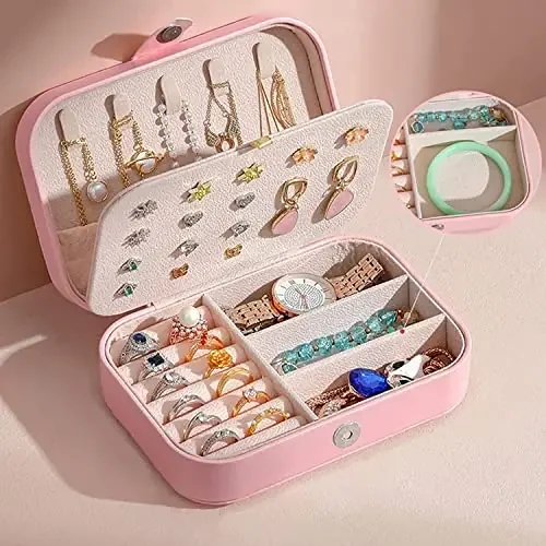 The Magic Makers Travel Jewelry Box For Women Girls Small Jewelry Organizer Storage For Earrings Rings Necklaces Bracelets Double Layer Jewelry Case Pu Leather Mini Jewelry Box