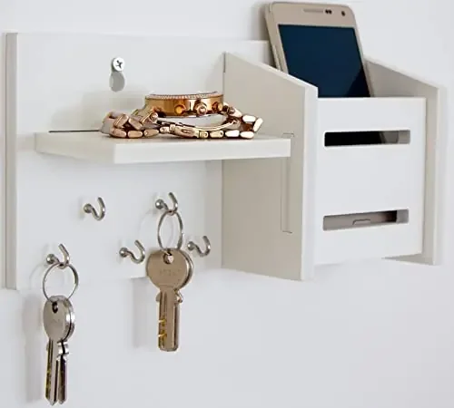 The Magic Makers Wall Shelves Designer Key Holder For Wall Stylish Multipurpose Shelf Organiser And Storage Racks ((Pack Of 1 With 5 Keys Hooks) White(Polyvinyl Chloride)