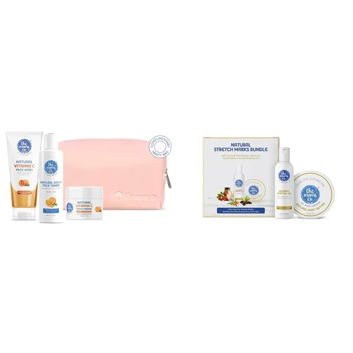 The Moms Co. All Day Glow Vitamin C Routine Kit l Clean & Glowing Skin 300 gms & The Moms Co All Natural Complete Care Solution for Stretch Marks for Women