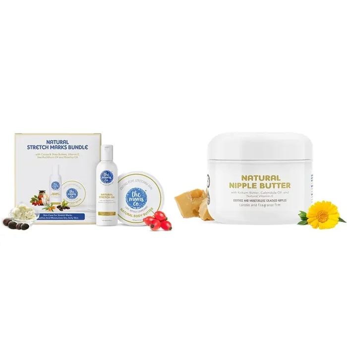 The Moms Co All Natural Complete Care Solution for Stretch Marks for Women Stretch Mark Oil (100ml) and Natural Body Butter (100g) & Nipple Butter Cream for sore and cracked Nipples 25 g