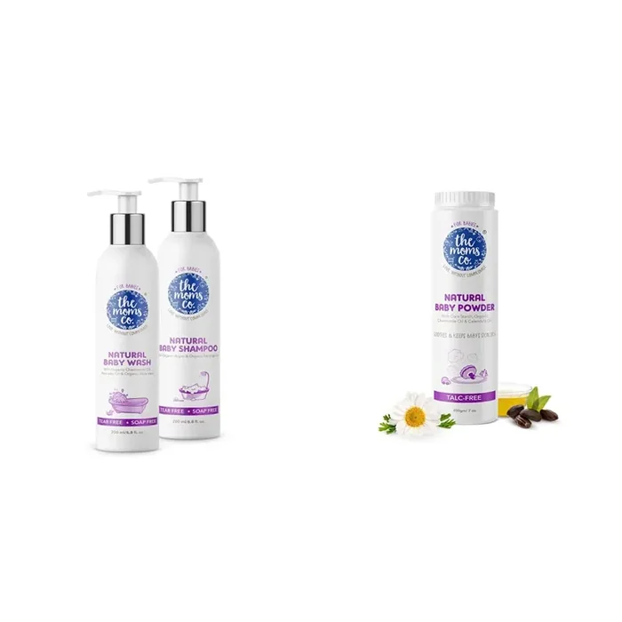 The Moms Co. All Natural Tear-Free Cleaning Bundle for Baby with Tear-Free Natural Baby Wash (200ml) and Baby Shampoo (200ml) & Talc-Free Natural Baby Powder with Corn Starch – 200g White TMCBP200WM