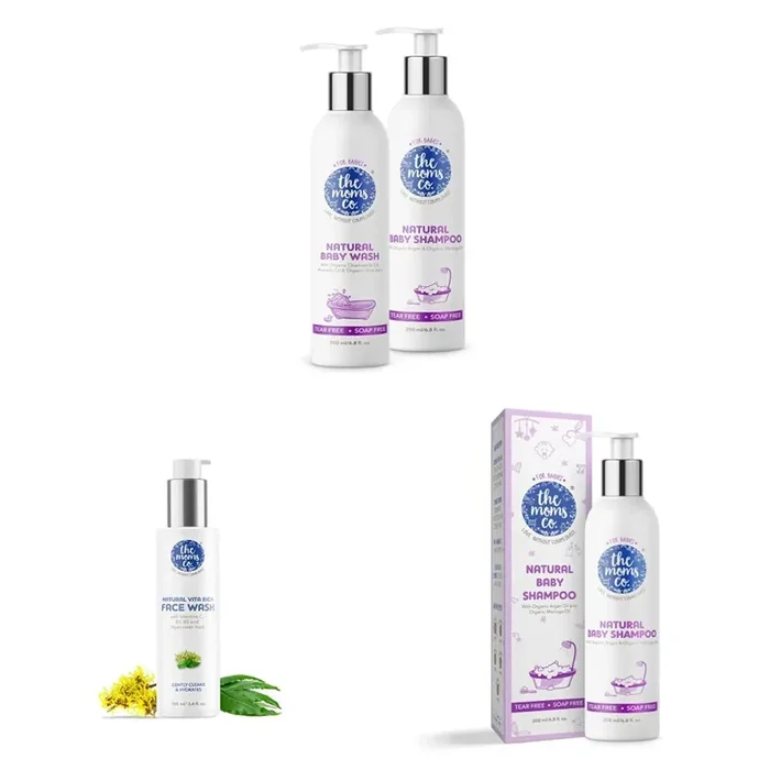 The Moms Co. All Natural Tear-Free Cleaning Bundle with Tear-Free Natural Baby Wash and Baby Shampoo & Natural Vita Rich Face Wash All Skin Types (100ml) & Tear-Free Natural Baby Shampoo (200 ml)