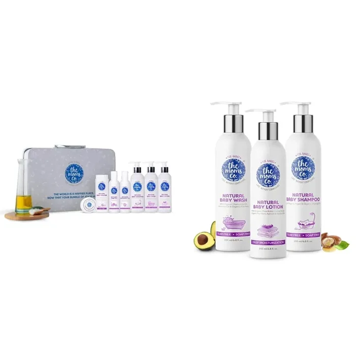 The Moms Co Everything for Baby with Suitcase Gift Box & The Moms Co Natural Bath Essentials For Baby with Shampoo (200 ml) Lotion (200 ml) and Wash(200 ml)
