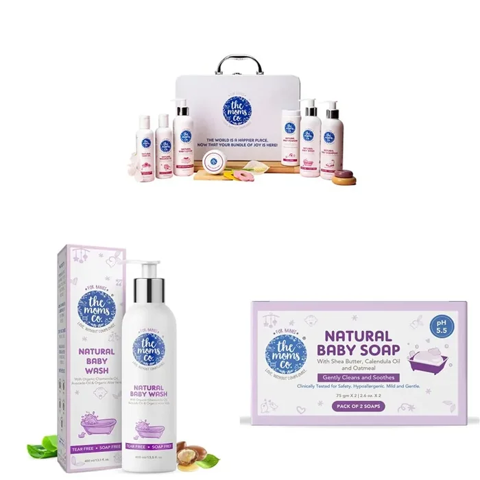 The Moms Co. Everything for Baby with Suitcase Gift Box and 7 Skin and Hair Care Baby Products & Tear-Free Natural Baby Body Wash Chamomile (400 ml) & Natural Baby Soap (75gms)