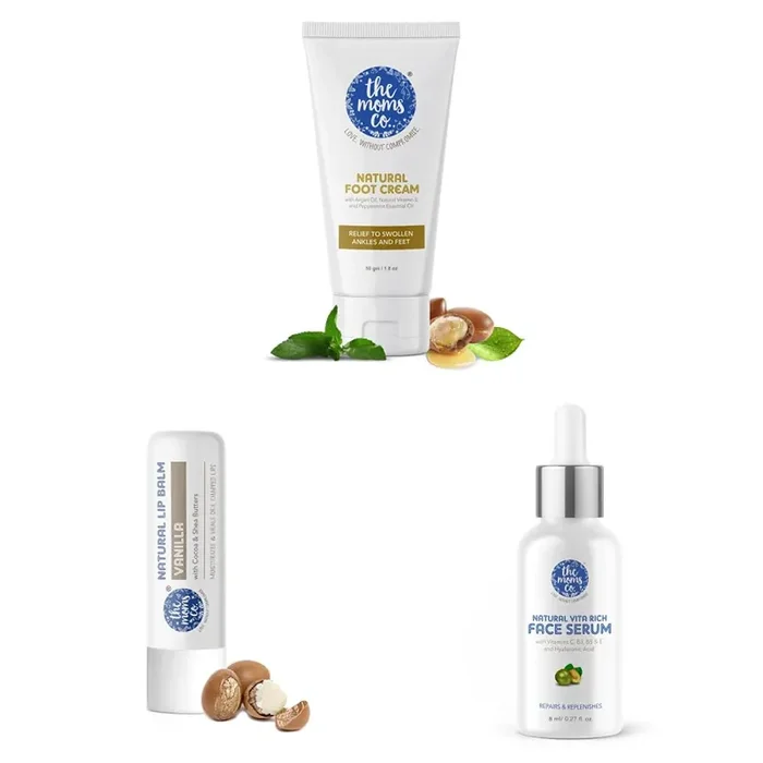 The Moms Co. Foot Cream 50 g&The Moms Co. Natural Lip Balm c&The Moms Co Natural Vita Rich Face Serum with Vitamins C and Hyaluronic Acid 8 ml