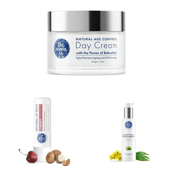 The Moms Co Natural Age Control Day Cream &The Moms Co. Natural Cherry Lip Balm &The Moms Co. Natural Vita Rich Face Wash
