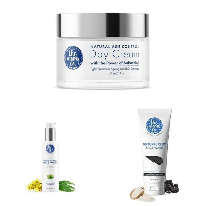 The Moms Co Natural Age Control Day Cream &The Moms Co. Natural Vita Rich Face Wash&The Moms Co. Natural Clay Face Wash