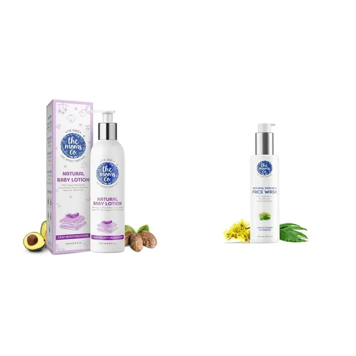 The Moms Co Natural Baby Lotion (200 ml) & The Moms Co. Natural Vita Rich Face Wash All Skin Types with Vitamins C B3 & B5 Neem Extract and Witch Hazel (100ml)