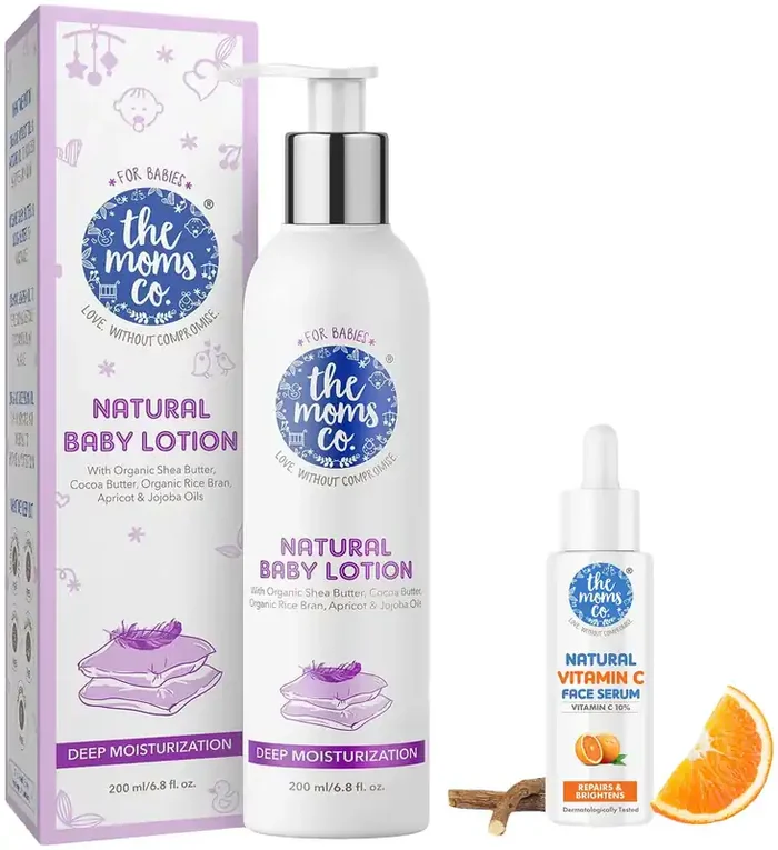 The Moms Co Natural Baby Lotion (400 ml) & The Moms Co. Natural Vitamin C Face Serum for Face Glowing with Vitamin C for a Naturally Brighter and Even Toned Skin l 10 percent Vitamin C l 30 ml