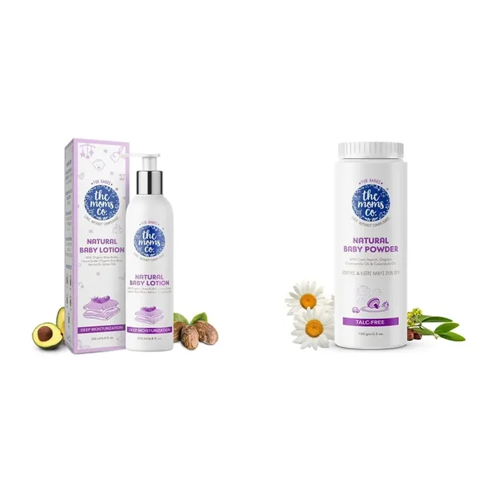 The Moms Co. Natural Baby Lotion Australia-Certified with Organic Apricot Organic Jojoba and Organic Rice Bran Oils (200ml) & Talc-Free Natural Baby Powder with Corn Starch-100g