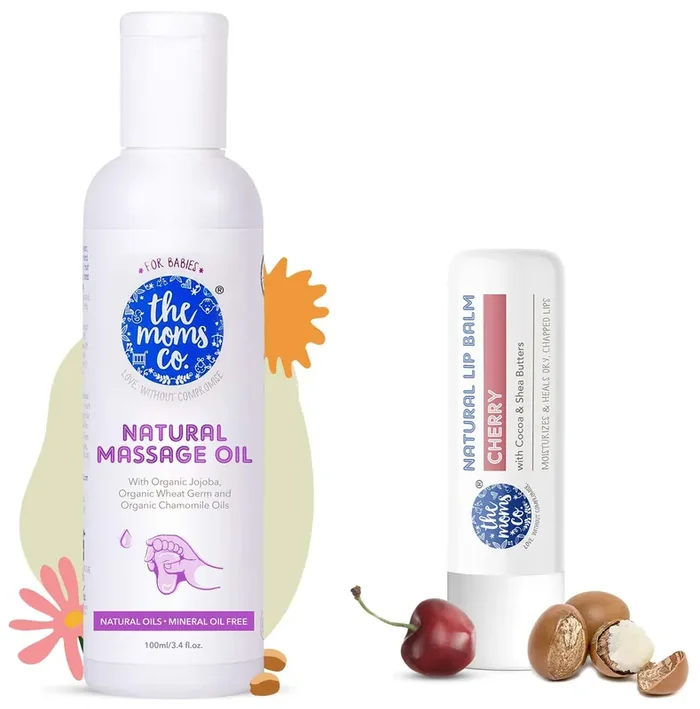 The Moms Co Natural Baby Massage Oil with 10 Oils 100ml & The Moms Co. Natural Cherry Lip Balm I Non Sticky I Protects & Nourishes Dry Chapped Lips I Shea & Cocoa Butter(5gm) (Cherry)
