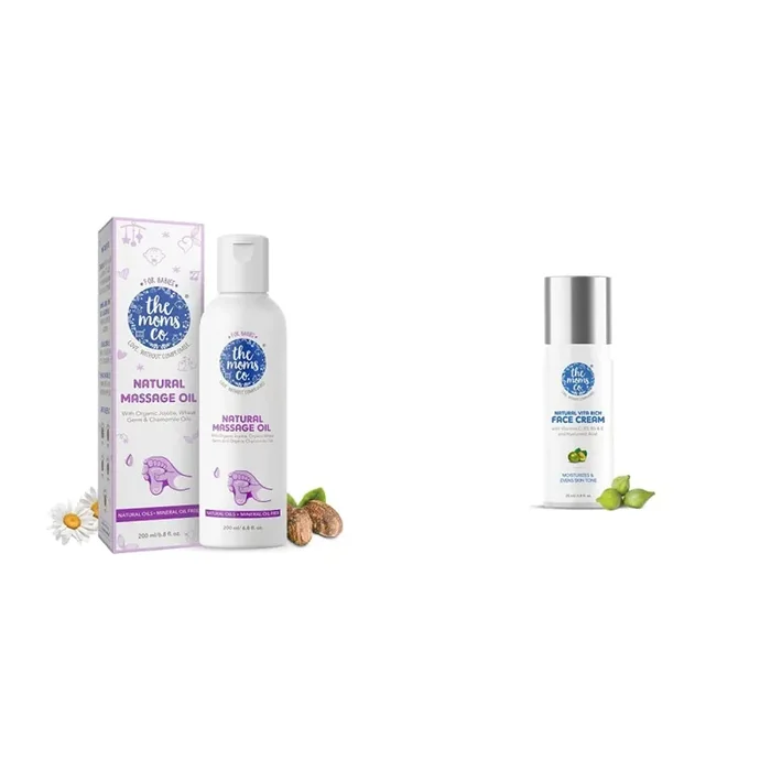 The Moms Co Natural Baby Massage Oil With 10 Oils 200Ml & The Moms Co Natural Vita Rich Face Cream with Chia Seed Oil Kakadu Plum and Hyaluronic Acid 25 ml