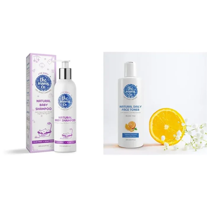 The Moms Co Natural Baby Shampoo (200 ml) & The Moms Co. Natural Daily Vitamin C Face Toner Alcohol-free l Tighten Pore l Even-Tone-Hydrate Skin (200 ml) clear