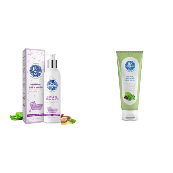 The Moms Co Natural Baby Wash (200 ml) & The Moms Co. Natural Green Tea Face Scrub I Control Acne & Gentle Exfoliation l With Tagua Nut Black Sand and Vitamin C l All Skin Types (75 gms)