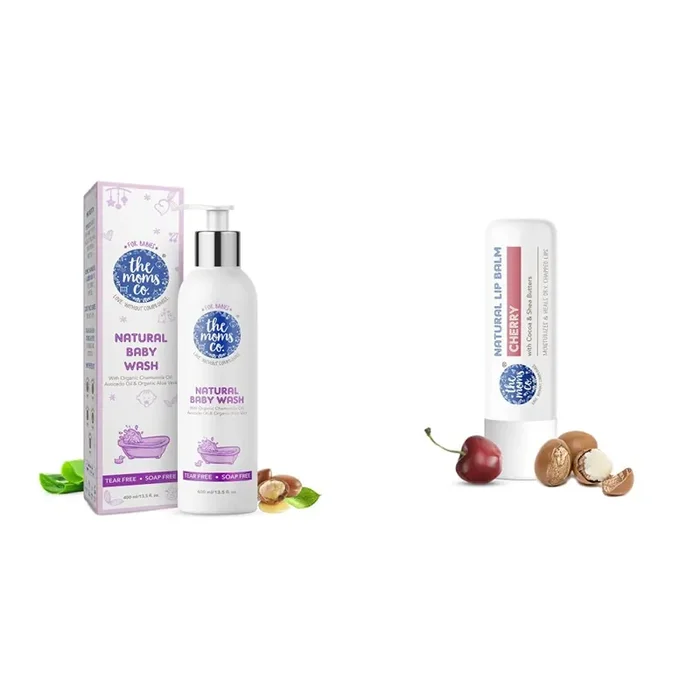 The Moms Co Natural Baby Wash (400 ml) & The Moms Co. Natural Cherry Lip Balm I Non Sticky I Protects & Nourishes Dry Chapped Lips I Shea & Cocoa Butter(5gm) (Cherry)