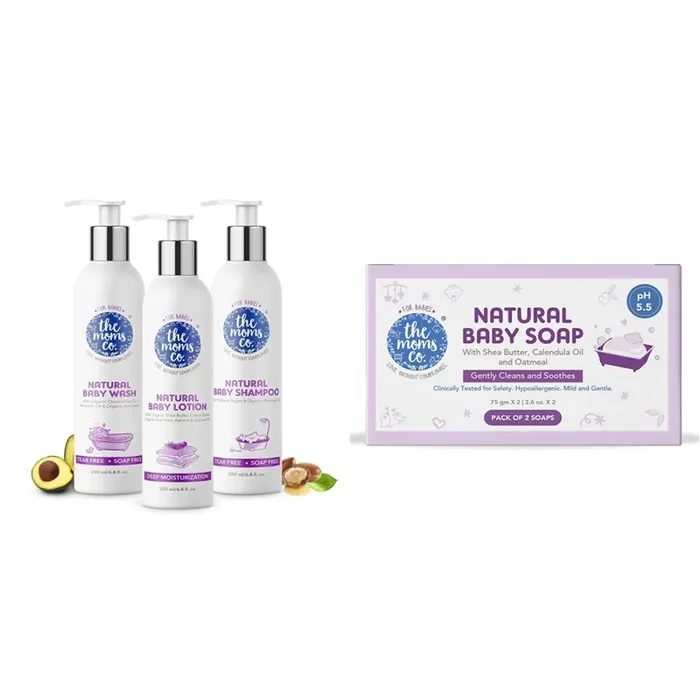 The Moms Co Natural Bath Essentials For Baby with Shampoo (200 ml) Lotion (200 ml) and Wash(200 ml) & The Moms Co. Natural Baby Soap (75gms)