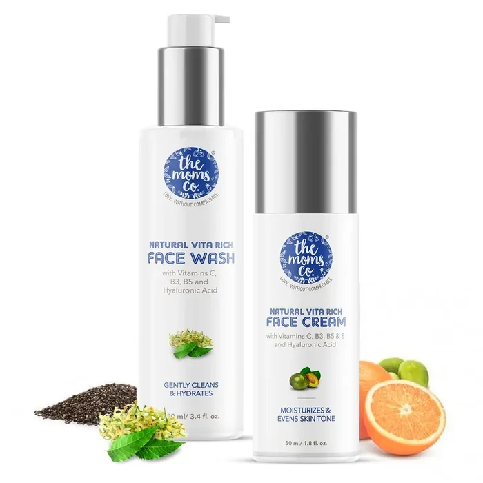 The Moms Co. Natural Vita Rich Face Wash and Face Cream for Daily Cleaning and Skin Radiance with Vitamins C B3 B5 & Hyaluronic Acid