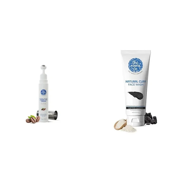The Moms Co. Natural Vita Rich Under Eye Cream With Cooling Massage Roller To Reduce Dark Circles P And Natural Clay Face Wash (100 Ml) With Moroccan Lava Clay & Kaolin,Activated Charcoal