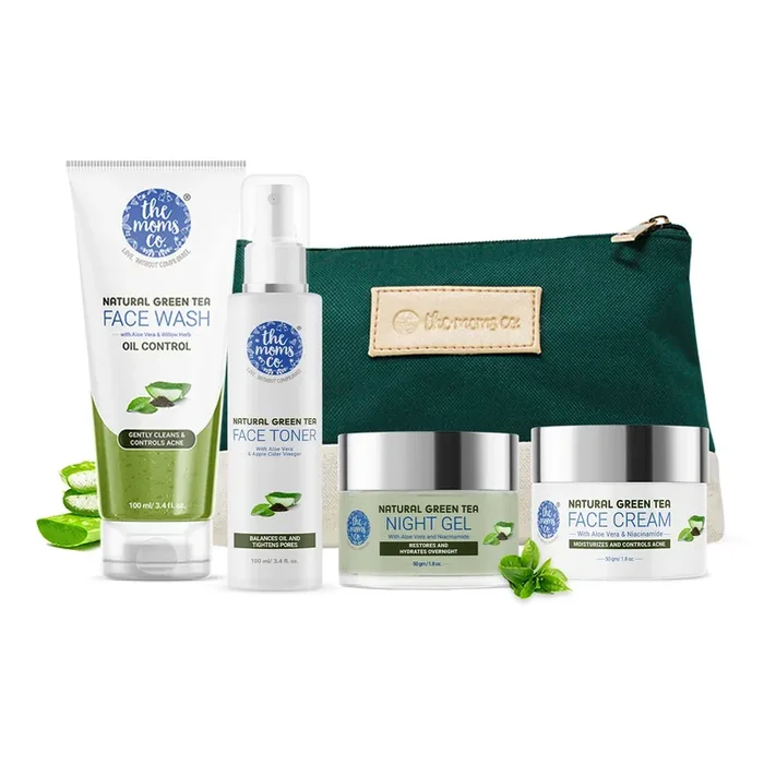 The Moms Co. Oily Skin Complete Care Kit l Oil Free Look l Green Tea l Face Wash l Toner l Cream l Night Gel l Free Vanity Bag l 500 gms