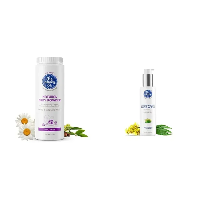 The Moms Co. Talc-Free Natural Baby Powder with Corn Starch 100% Natural – 100g and The Moms Co. Natural Vita Rich Face Wash (100ml)