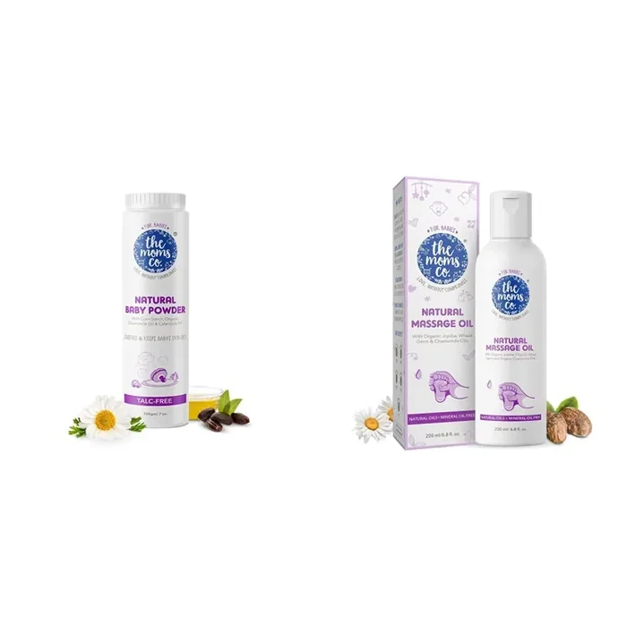 The Moms Co. Talc-Free Natural Baby Powder with Corn Starch- 200g & Natural Baby Massage Oil with 10 Oils- 200 ml