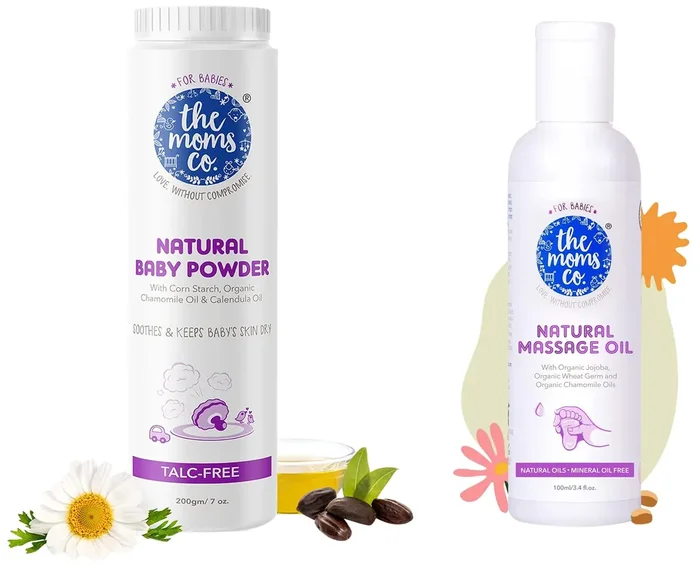 The Moms Co. Talc-Free Natural Baby Powder with Corn Starch 200g White & The Moms Co Natural Baby Massage Oil with 10 Oils 100ml