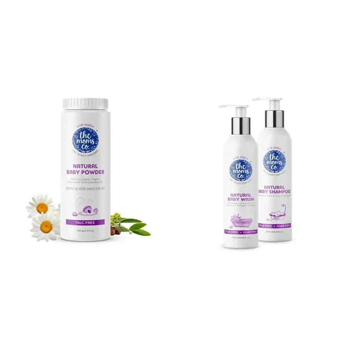 The Moms Co. Talc-Free Natural Baby Powder with Corn Starch and The Moms Co. All Natural Tear-Free Cleaning Bundle for Baby with Tear-Free Natural Baby Wash (200ml) and Baby Shampoo (200ml)