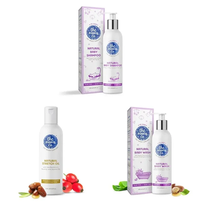 The Moms Co. Tear-Free Natural Baby Shampoo (200 ml) & Natural Stretch Oil 7 in 1 Natural Bio Oil 100 ml & Tear-Free Natural Baby Wash (200 ml)