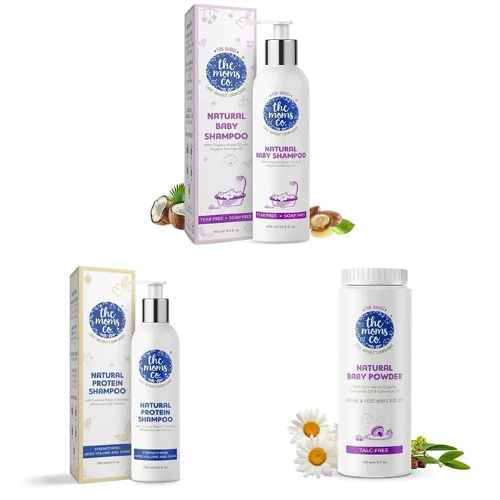 The Moms Co. Tear-Free Natural Baby Shampoo (400ml) & Natural Protein Shampoo (200ml)- 6.8 Oz & Talc-Free Natural Baby Powder with Corn Starch 100% Natural – 100g