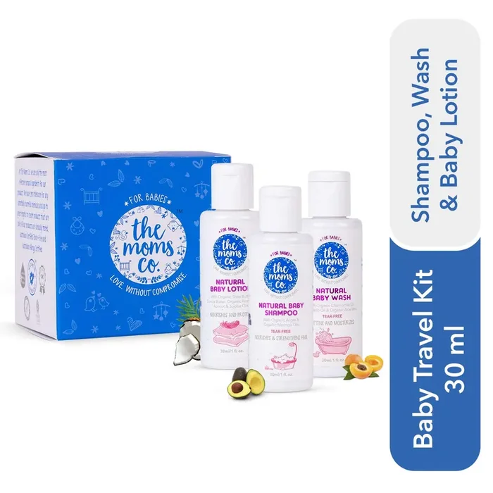 The Moms Co. Travel Kit for Baby With Shampoo (30 ml) Wash (30 ml) & Lotion (30 ml) For Gentle Tear-free & Soap-free Care