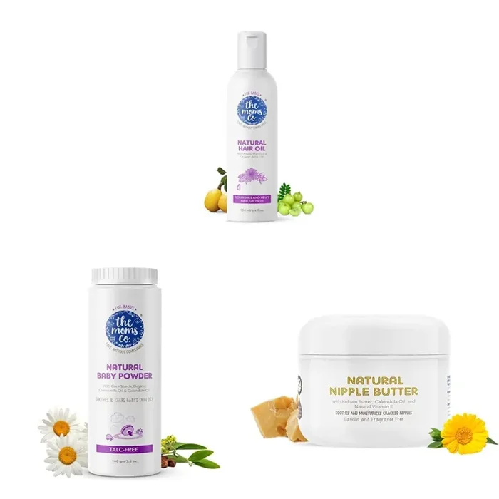 The Moms Co. Virgin Coconut Natural 10-in-1 Baby Hair Oil 100ml & Talc-Free Natural Baby Powder with Corn Starch – 100g white & Nipple Butter Cream for sore and cracked Nipples 25 g