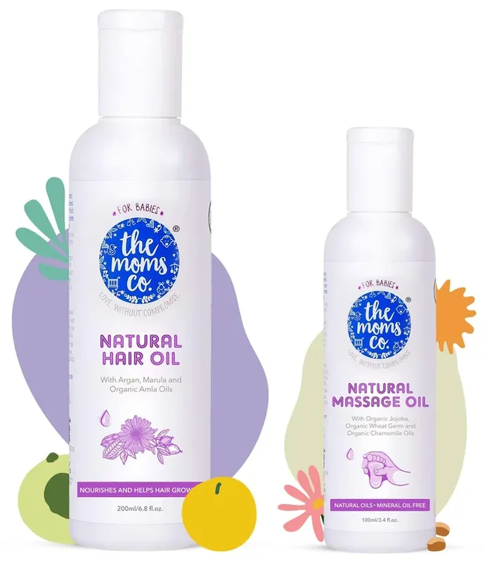 The Moms Co. Virgin Coconut Natural 10-in-1 Baby Hair Oil 200 ml & Natural Baby Massage Oil with 10 Oils – Sesame Oil Avocado Organic Almond Organic Jojoba Organic Chamomile – 100ml