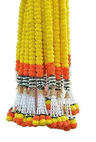 Tia Crafts Handmade Decorative Marigold Jasmine Bell Artificial Fluffy Garland for Home Door Decoration Entrance Door Decoration Pooja Decoration (Yellow Orange Bell Set of 2)