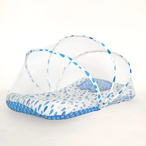 TIDY SLEEP Baby Bed Mosquito Net & Neck Pillow Baby Gadda Set for New Born 0M+ Printed Baby Gadda Baby Sleeping Bed of 90cm x 65cm x 10cm Blue