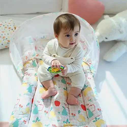 TIDY SLEEP Baby Bed Mosquito Net & Neck Pillow Baby Gadda Set for New Born 0M+ Printed Baby Gadda Baby Sleeping Bed of 90cm x 65cm x 10cm Fruits