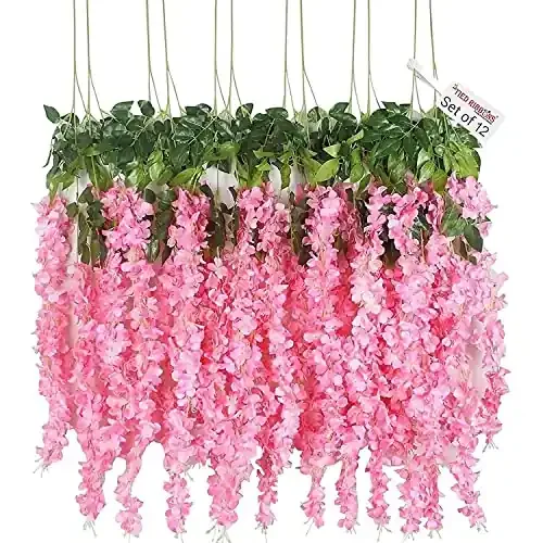 TIED RIBBONS Set of 12 Artificial Silk Wisteria Hanging Flowers Strings Garlands Decoration Items for Home Wedding Outdoor Ceremony Events Backdrop Floral Decor (Light Pink, Longest String 111 cm)