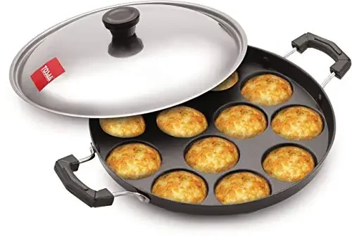 Tosaa Aluminium 12 Cavity Appam Patra Paniyarakkal Two Side Handle with Steel lid & Wooden Picker ( 23 cm Black)