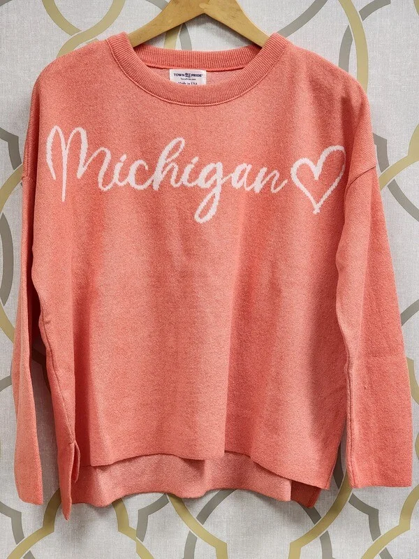 Town Pride Michigan Script Sweater-Coral