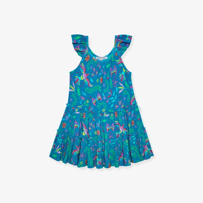 Tropical Blue Girls Flutter Sleeve Dress | Svala Blue