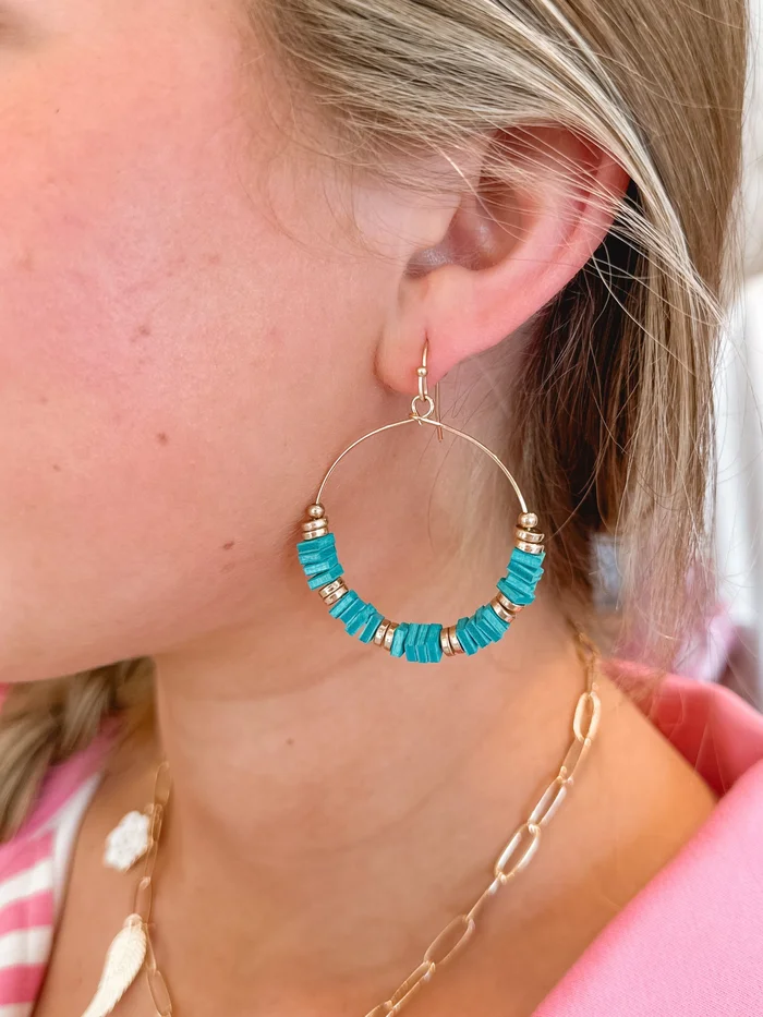 Turquoise & Wood Drop Hoop Earrings