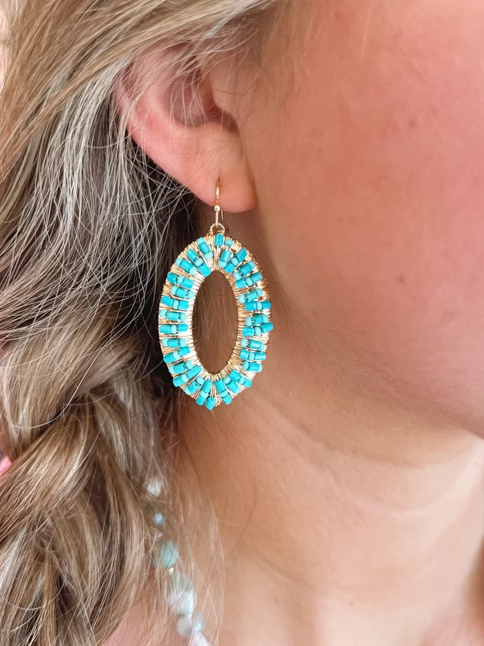 Turquoise Beaded Oval Drop Earrings