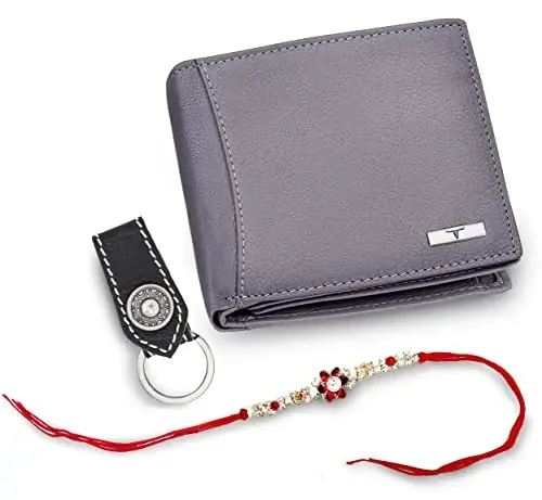 Urban Forest Rakhi Gift Hamper for Brother – Classic Light Grey RFID Blocking Leather Wallet, Keychain & Rakhi Combo Gift Box – 4768, Light Grey + Keychain + Rakhi, Classic