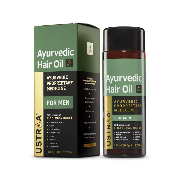 Ustraa Ayurvedic Hair Oil 200ml – with 8 Natural Herb extracts, With Red Onion,Bhringaraj, Amla & Neem, Controls hair fall, Fights Dandruff, No Sulphates, No Parabens, No Silicone, No Mineral Oil