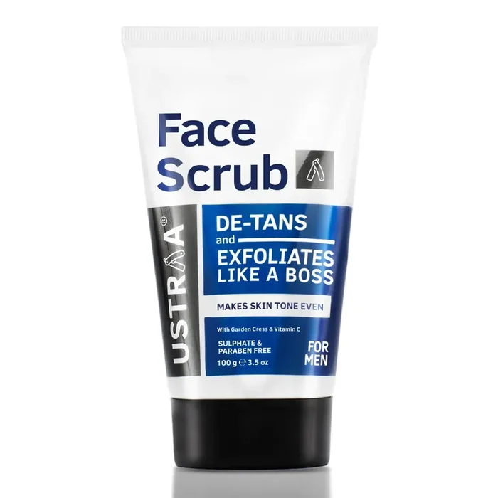 Ustraa Face Scrub -100g – De-Tan Face scrub for men Exfoliation & Effective Tan Removal with Bigger Walnut Granules, No Sulphate, No Paraben, Made in India