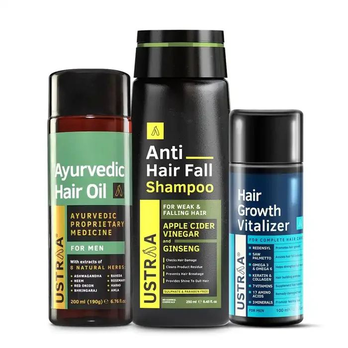 USTRAA Hair Growth Vitalizer – 100ml – Boost hair growth, Anti Hair Fall Shampoo 250ml – Clinically tested to reduce hairfall by 64% & Ayurvedic Hair Oil 200ml – with 8 Natural Herb extracts