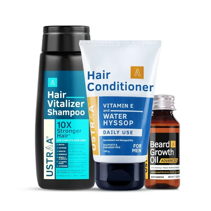 Ustraa Hair Vitalizer Shampoo – 250ml – With Biotin, Omega 3 & Omega 6 Daily Use Hair Conditioner – 100gm – No SLS, No Paraben & Beard Growth Oil Advanced – 60ml – With Redensyl and DHT Booster