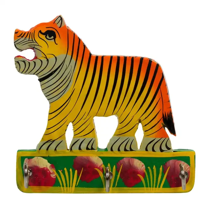 VARANASI WOODEN TOYS Beautiful Wooden Wall Hanging Colorful Key Holder in Elephant Shape MPN-rg_rg_Key_Holder_Tiger_Small