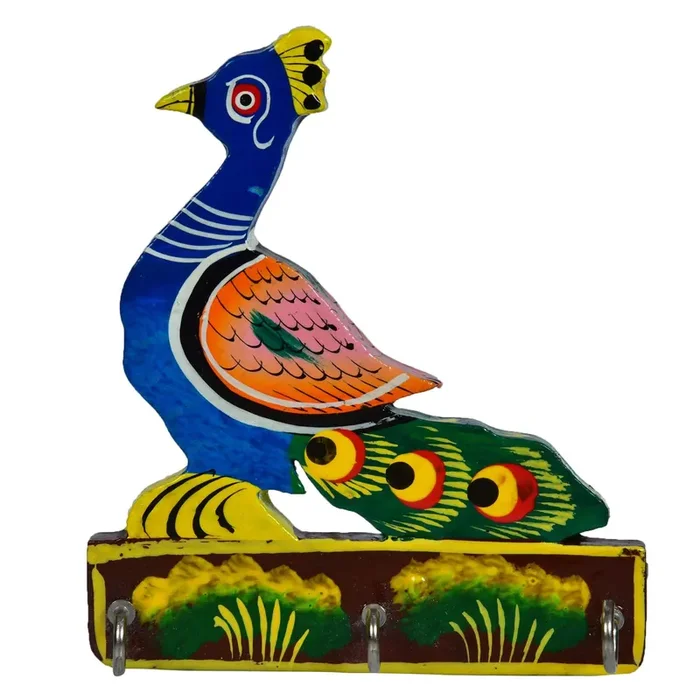 VARANASI WOODEN TOYS Beautiful Wooden Wall Hanging Colourful Key Holder in Peacock Shape